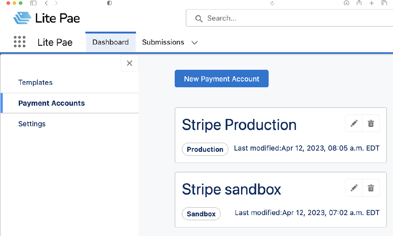 Lite Pae - dashboard payment accounts