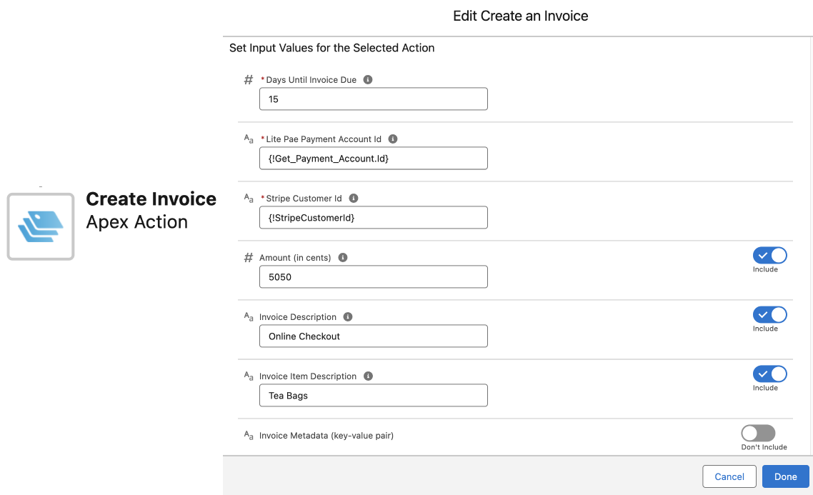 Lite Pae - invocable action create invoice