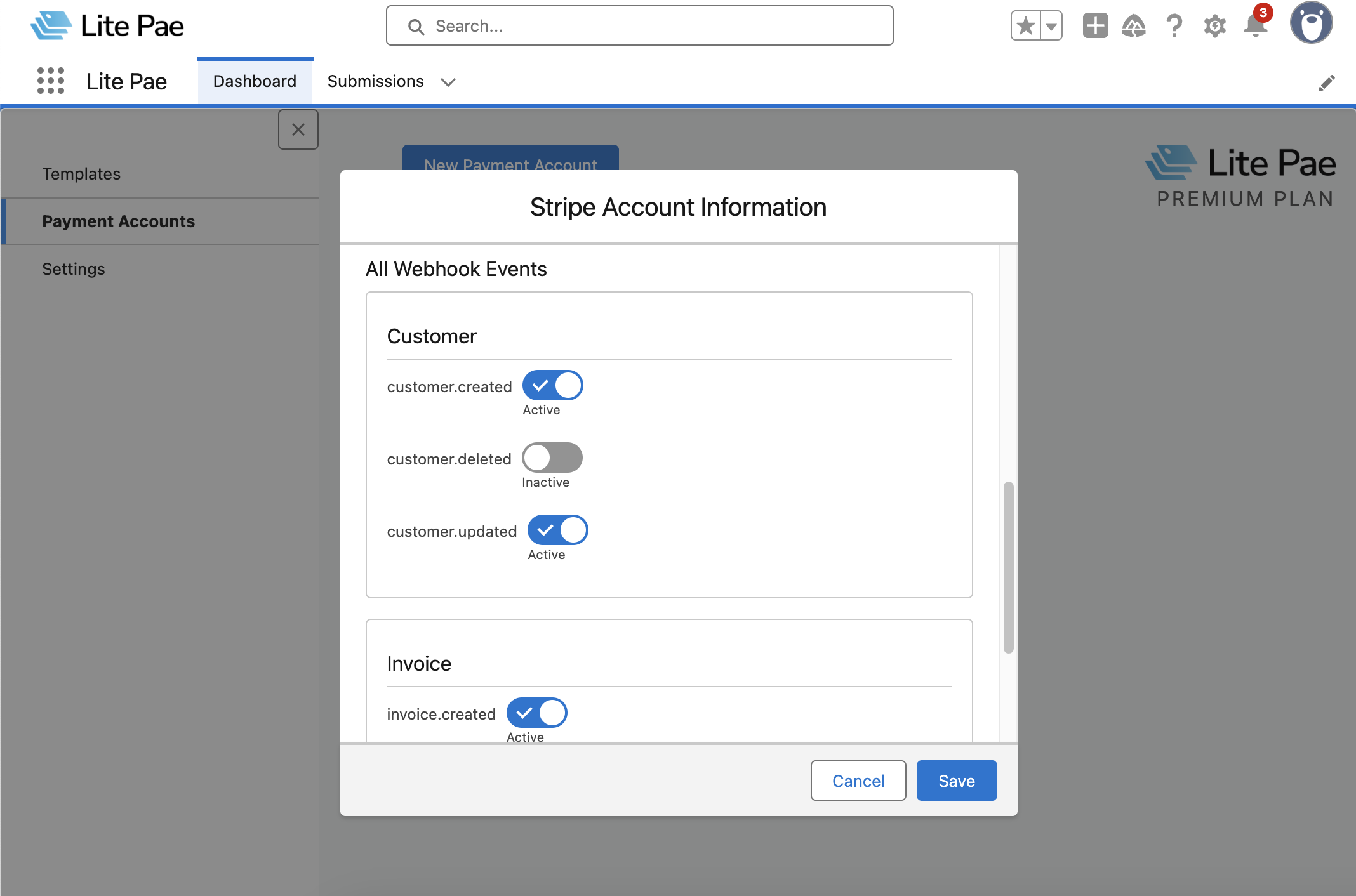 Lite Pae - webhook events configuration